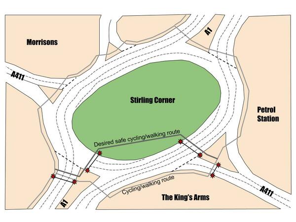 The photo for Stirling Corner A1/A411 roundabout dangerous cycle route.