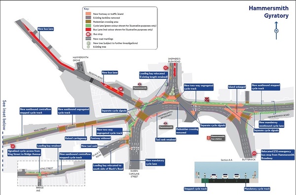 The photo for New dedicated cycle lanes at Hammersmith gyratory.